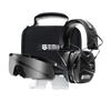 Shell Shock Protection ear protection set including black over-ear earmuffs, shield-style safety glasses with dark lenses, a black carrying case, and two interchangeable lens guards on a white background.