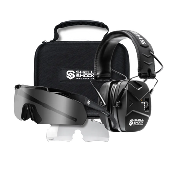 Shell Shock Protection ear protection set including black over-ear earmuffs, shield-style safety glasses with dark lenses, a black carrying case, and two interchangeable lens guards on a white background.