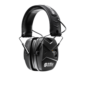 Black Shell Shock protective headphones on a white background