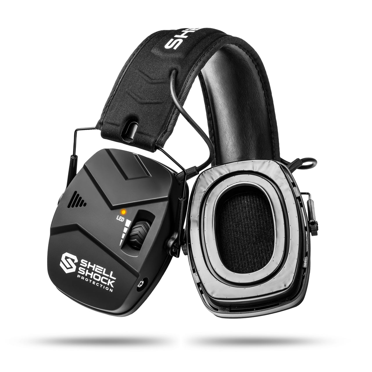 Black and gray gaming headset with Shell Shock Protection branding on a white background