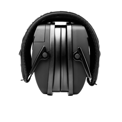Black ear protection headphones on a white background