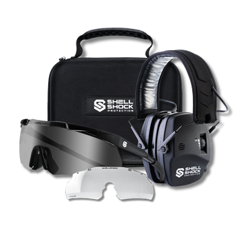 Premium Eyes & Ears Combo: EXO Pro electronic earmuffs, SWITCH Z87.1+ ballistic glasses, and shockproof carry case