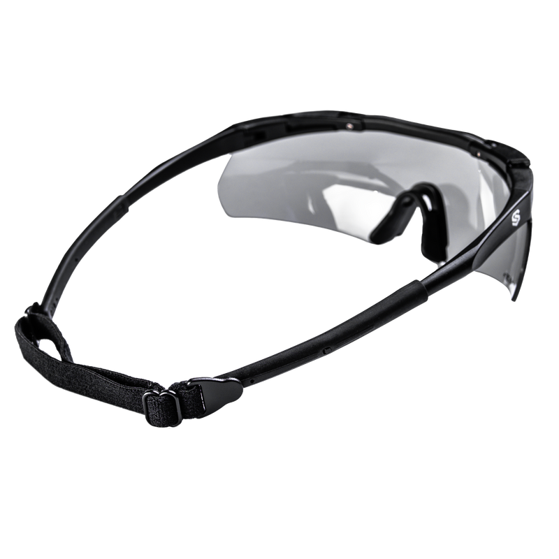 SWITCH ballistic glasses with elastic tension strap, rear angled view